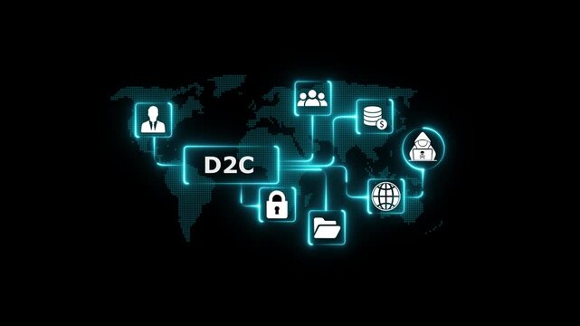 D2 C business model concept global network with icons for finance communication growth security and people on digital world map background neon glowing lines