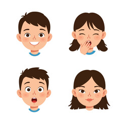 Four Cartoon Faces Boy Smiling Boy Surprised Girl Yawning Girl Neutral.