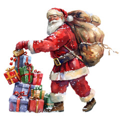 Watercolor Santa Claus Walking with Overflowing Gift Sack &ndash; Vintage Holiday Illustration