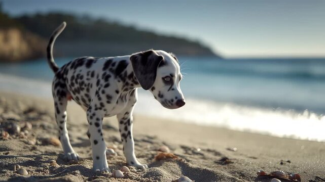 夕方のやわらかな光に包まれたダルメシアンの子犬が、砂浜に座る愛らしい光景