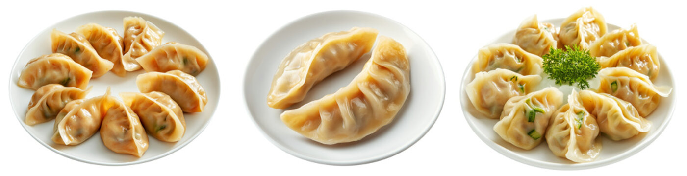 Steamed mandu dumplings placed in circular pattern on ceramic plate, isolated on white transparent background