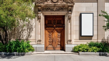Obraz premium Elegant Building Entrance with Ornate Doorway and Blank Sign, Ideal for Mockups and Architectural Presentations