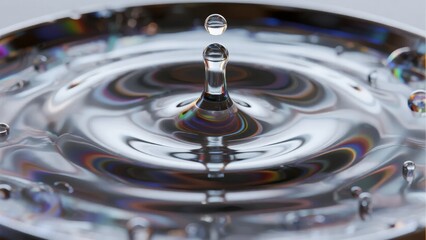 Water droplet creating ripple effect on liquid surface with iridescent reflections