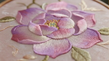 Close-up of a delicately embroidered purple flower with gradient petals and green leaves on fabric