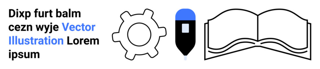 Education, creativity, innovation, digital design, technical learning, content creation. Gear, pen and open book in minimalist style. Education and creativity concept visualization © robu_s