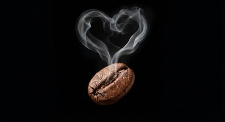 Roasted Coffee Bean with Heart-Shaped Smoke on Black Background