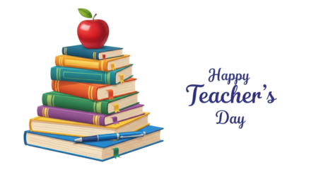 Stack of Colorful Books with Red Apple and Pen for 'Happy Teacher's Day' Greeting
