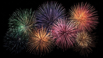 Fototapeta premium Colorful Fireworks Display on Black Background: Celebration, New Year's Eve, Independence Day Illustration