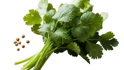 Photo of fresh cilantro bunch with stems and leaves isolated on transparent background