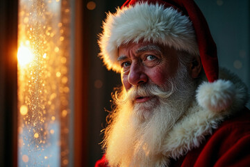 Santa Claus Looking Out Window Watching Snow Fall