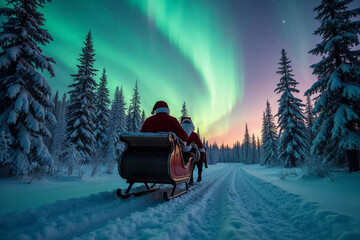 Santa Claus Delivering Presents Under Aurora Borealis