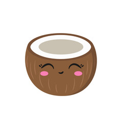 Coconut cute character cartoon, smiling face, emotions happy joy icon vector illustration.