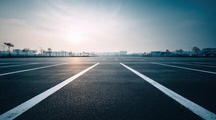 Asphalt Parking Lot with White Lines Under a Hazy Sky at Sunrise, Representing Transportation and Infrastructure