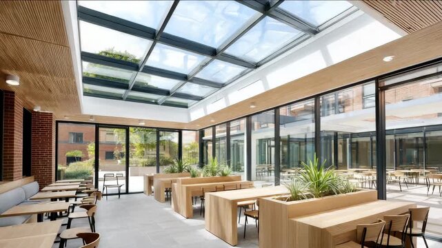 Modern sunlit cafeteria interior with glass roof and minimalist wood furniture. Creative Study Area for Art Students, promoting reading and learning