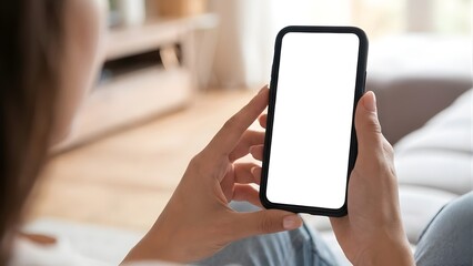 Close up female hands holding modern smartphone with blank white screen mockup. Template for new app design.