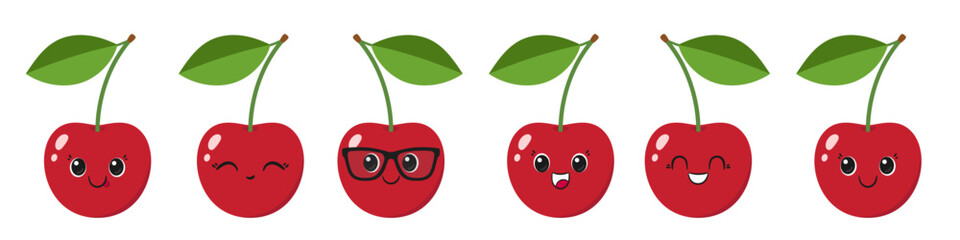 Set cherry cute character cartoon, juicy berry, big eyes, happy smiling face, emotions joy delight, kawaii style, vector illustration.