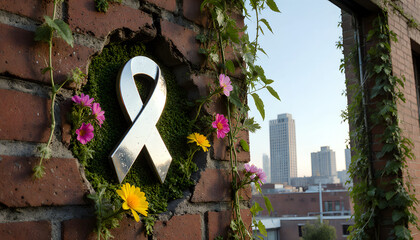 Cancer awareness ribbon badge integrated into a living urban garden  