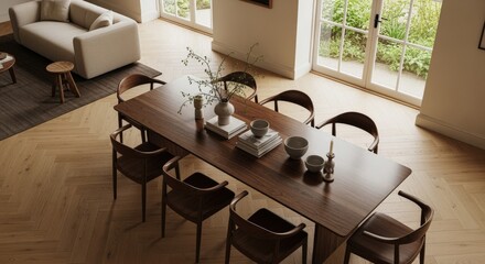Fototapeta premium Elegant Dining Room Interior with Wooden Table, Chairs and Minimalist Decor, Bathed in Natural Light