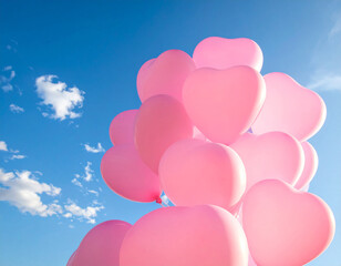 ピンク色のハートのバルーン　かわいい風船　バレンタイン　お祝い　青空の背景