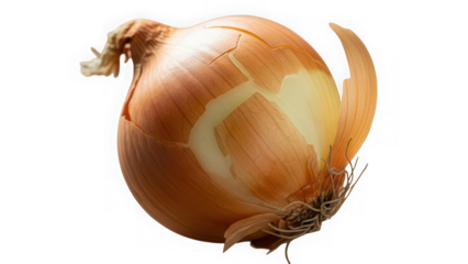 Photo of a single onion with its skin partially peeled back isolated on transparent background