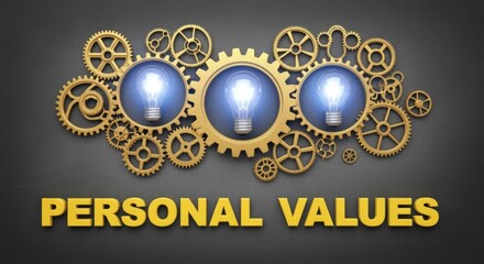 Naklejka premium Personal values illuminated by creative thinking shown through gears and lightbulbs on dark grey background