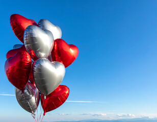 赤色とシルバーのハートのバルーン　かわいい風船　バレンタイン　お祝い　青空の背景