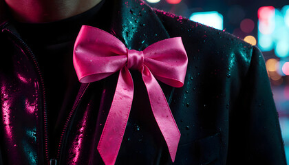 Macro close-up of pink ribbon bow on matte-black jacket with neon lights  