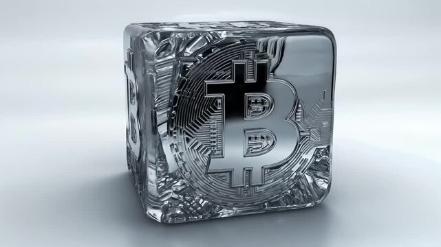 Bitcoin symbol encased in a glass cube glows on a white background