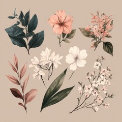 Elegant Floral Illustrations on Soft Beige Background for Design