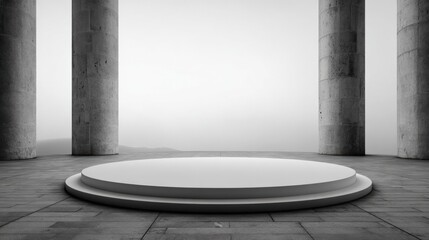 Obraz premium Minimalist Podium Stage with Concrete Pillars, Ideal for Product Display or Presentation Backgrounds in Black and White