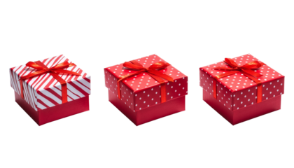 Set of Three Red Gift Boxes with Decorative Ribbons, Polka Dot and Stripe Patterns, Isolated on Transparent Background
