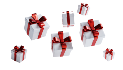 Set of Floating White Gift Boxes with Red Ribbons and Bows, Festive Present Boxes Isolated on Transparent Background