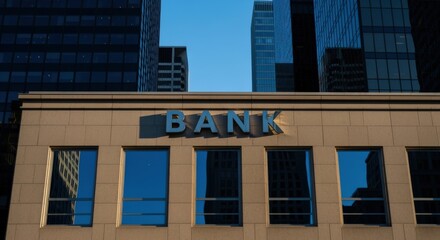 Naklejka premium Bank Exterior Facade with Modern Architecture and Windows Reflecting Cityscape on a Sunny Day