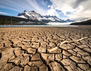 Close-up of cracked earth leading to a lake and snowy mountains