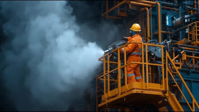 A worker in a yellow safety suit is spraying a chemical into a pipe. The worker is wearing a yellow helmet and safety suit to protect himself from the chemical