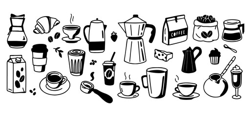 Coffee Doodle Icons &ndash; Black and White Hand Drawn Cups, Pots, Beans, Snacks & Barista Tools Vector Set