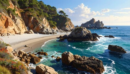 Secluded Beach Paradise: Cliffs, Turquoise Waters, and Rock Formations creating a scenic view