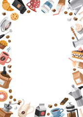 Fototapeta premium Coffee rectangular, frame, copy space, vertical template. Hand drawn cartoon Style design with different Coffee Theme objects. Vector illustration