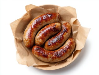 Grilled German sausages in brown paper plate, isolated on a white background.