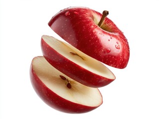 Flying apple or Sliced red apple isolated on white background