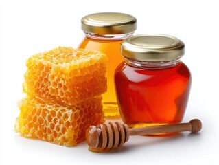 Pieces of yellow honeycomb and glass bottles containing honey isolated on white background.