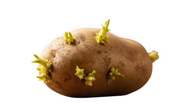 Photo of sprouting potato tuber with green shoots on transparent background isolated