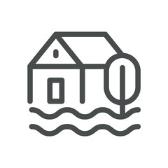 Flooding Disaster Weather Icon. House in rising water, river overflow and storm surge inundation warning symbol for emergency and evacuation.