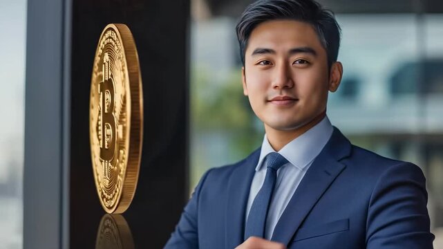 Asian businessman smiling with bitcoin cryptocurrency coins stacked in background