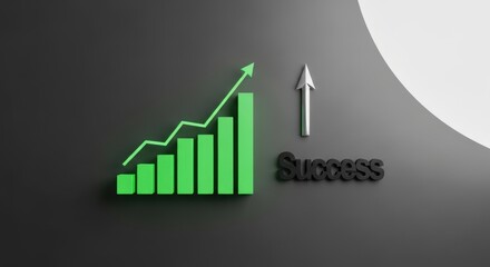 Minimalist 3D Green Bar Graph Showing Growth with Silver Arrow and Success Concept