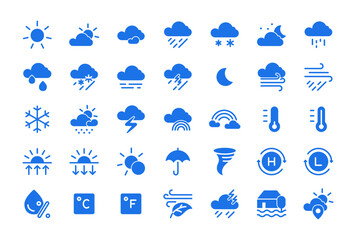 Weather Icon Set for Forecast and Climate: Sun, Cloud, Rain, Snow, Storm, Wind, Fog, Tornado, Thermometer and Humidity. Editable stroke line vector pictogram for web app, linear outline.
