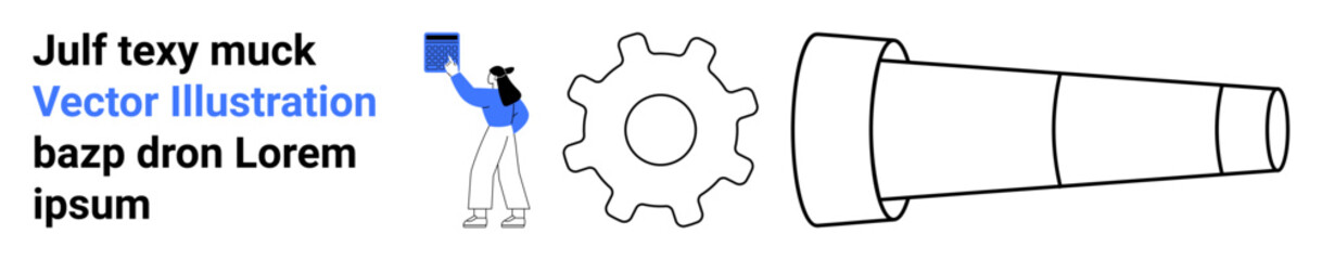 Education, innovation, discovery, technology, progress, teamwork. Woman holding a book, gear emblem telescope illustration. Education and innovation visually through design elements