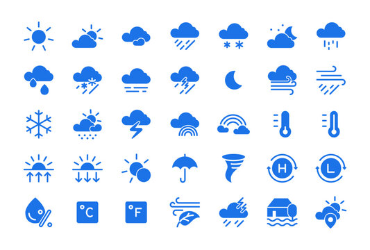 Weather Icon Set for Forecast and Climate: Sun, Cloud, Rain, Snow, Storm, Wind, Fog, Tornado, Thermometer and Humidity. Editable stroke line vector pictogram for web app, linear outline.
