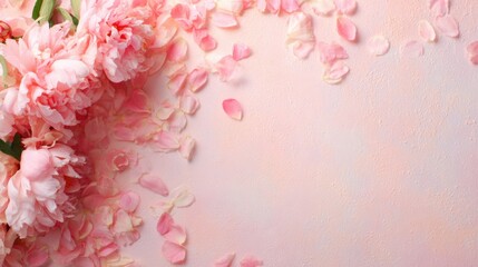 Flowers and pink petals scattered on soft background in indoor setting