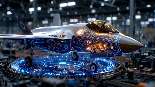 A fighter jet is on display in a factory. The jet is surrounded by a blue circle and has a blue and silver color scheme. Concept of technology and innovation